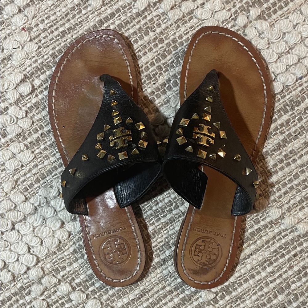 Tory Burch Black and Gold Studded Sandals